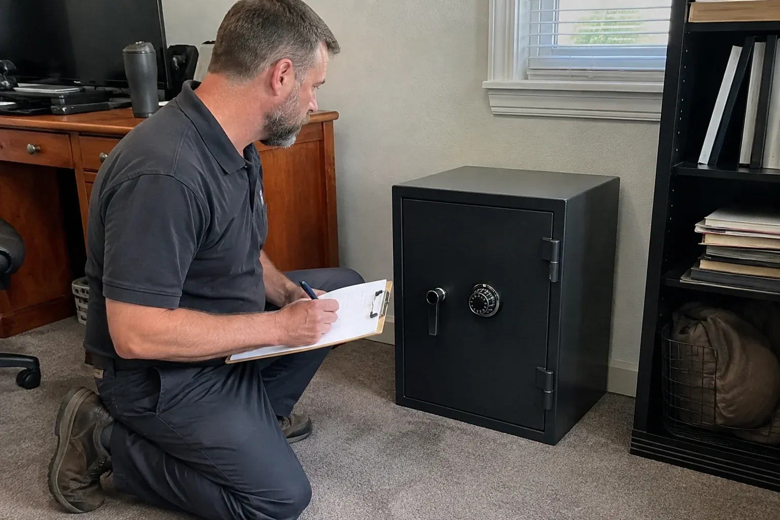 Person writing on a clipboard while kneeling beside a closed black safe with a numbered combination dial in a home office. — Safe Opening & Combination Change, Toronto