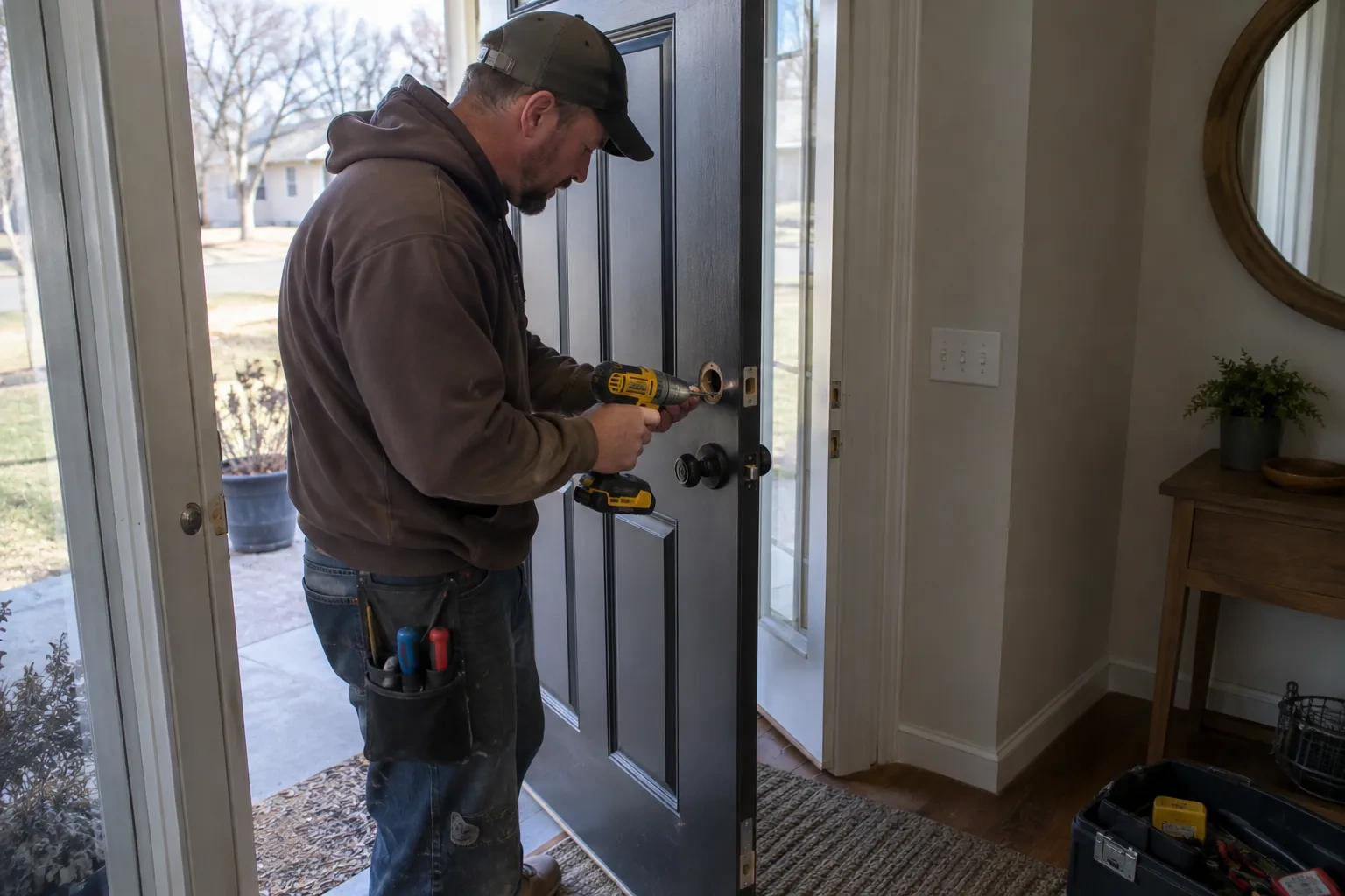 Technician in a cap using a yellow drill at the round bore of a dark door, with a black knob below it. — Toronto
